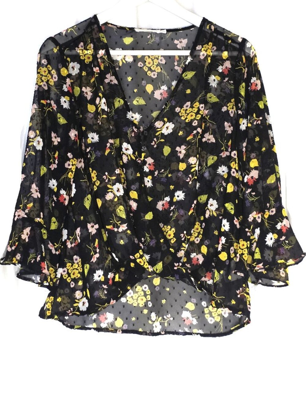 Lush black floral bell sleeve sheer blouse